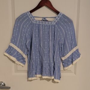 Matilda Jane Blue Blouse with Cream Lace Trim